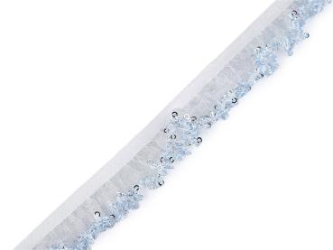 Organza-Rüschenband mit Paillettenkante in Hellblau, elastisch